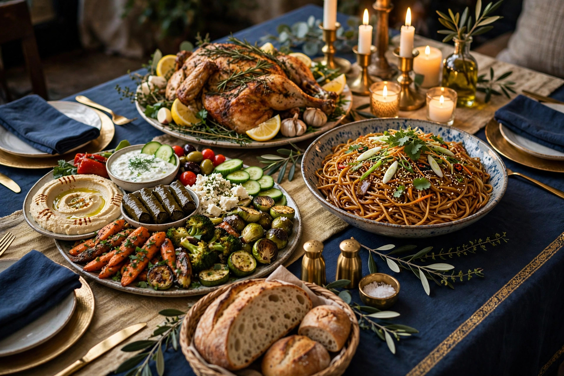 Family-style dinner table with sharing platters and charcuterie board