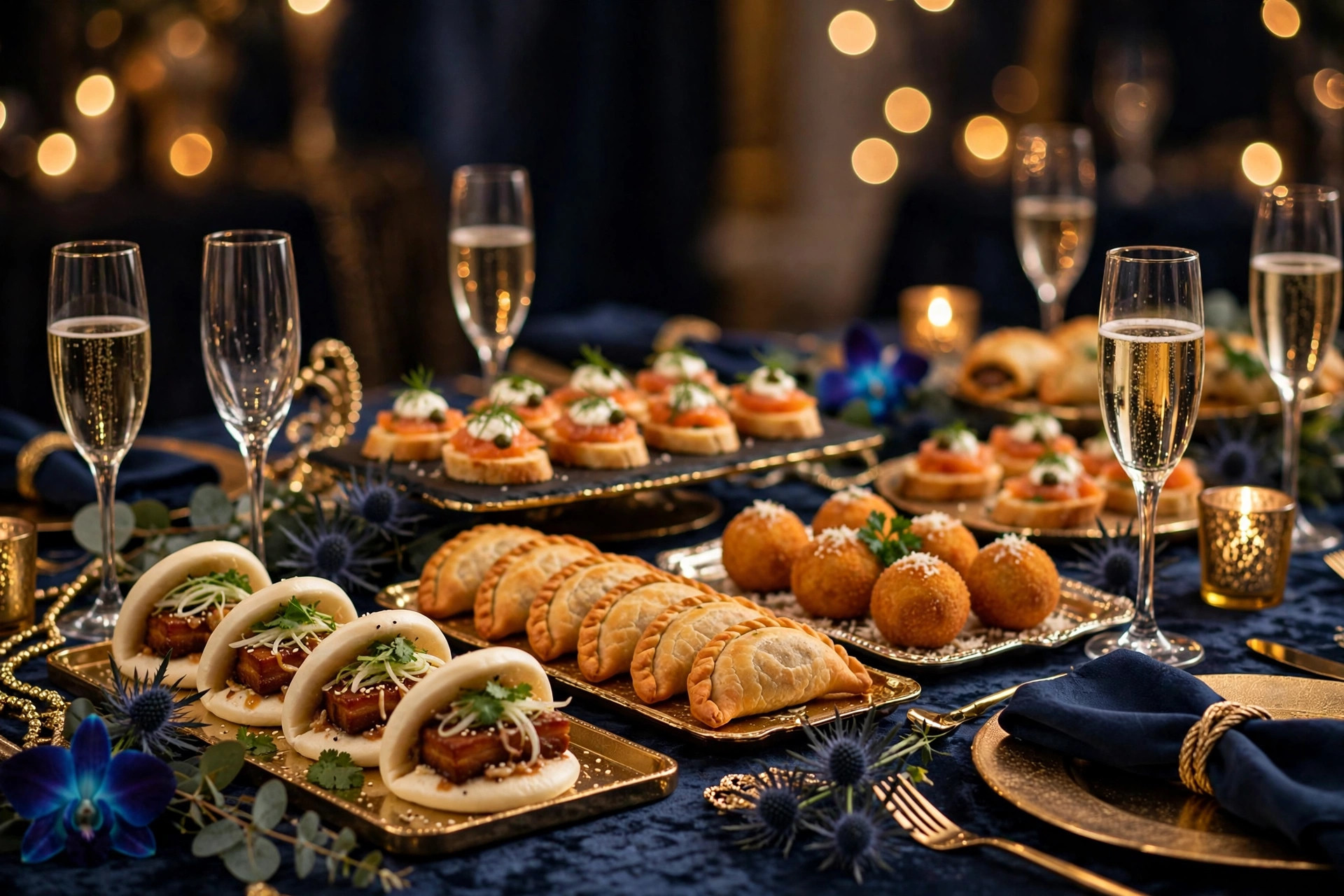 Gala cocktail hour with international canapes and elegant decor
