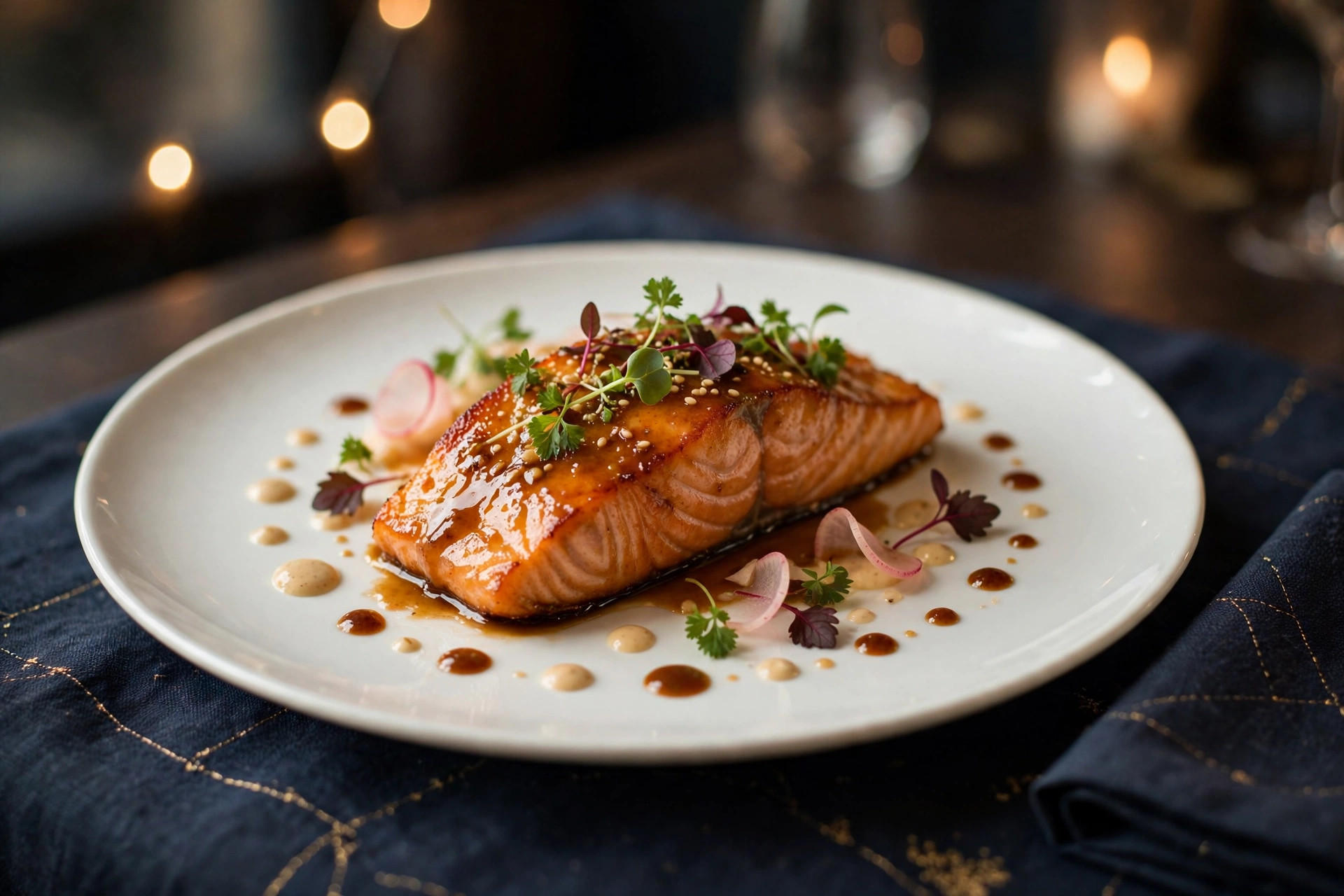 Elegant plated salmon with miso glaze and artistic plating