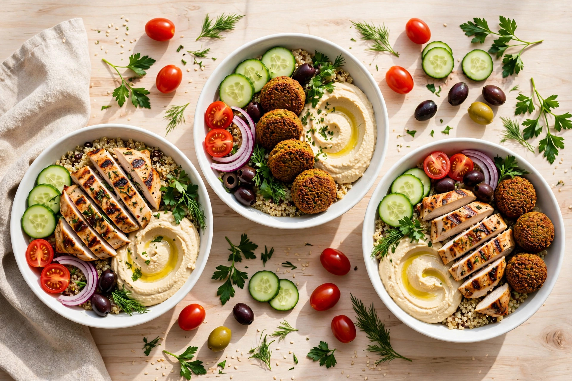 Mediterranean grain bowls with grilled chicken, quinoa and hummus