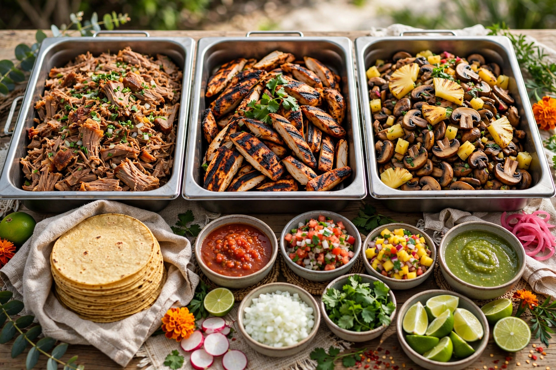 Build-your-own taco bar with carnitas, salsas and corn tortillas