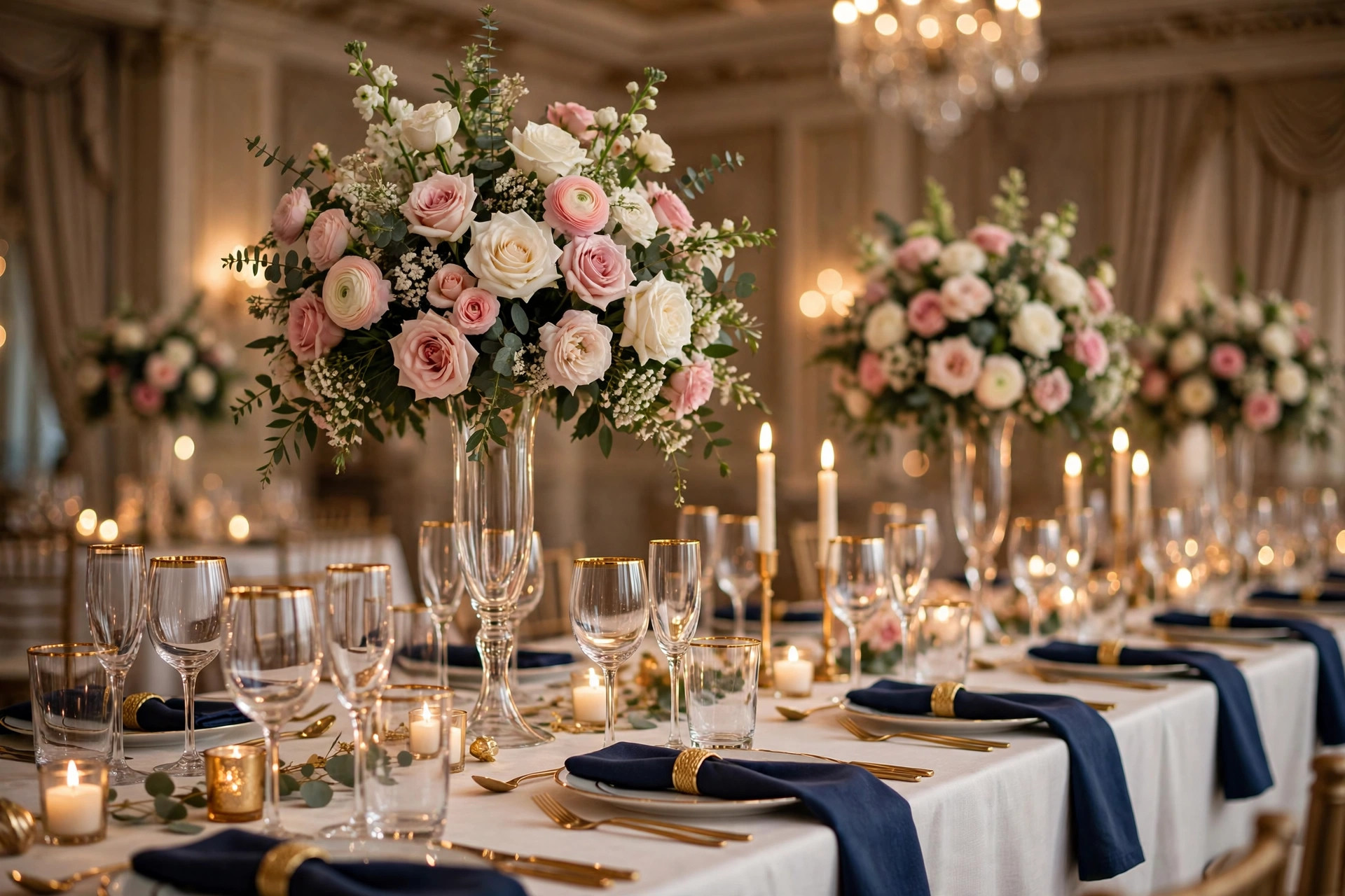 Elegant wedding banquet table with navy and gold details